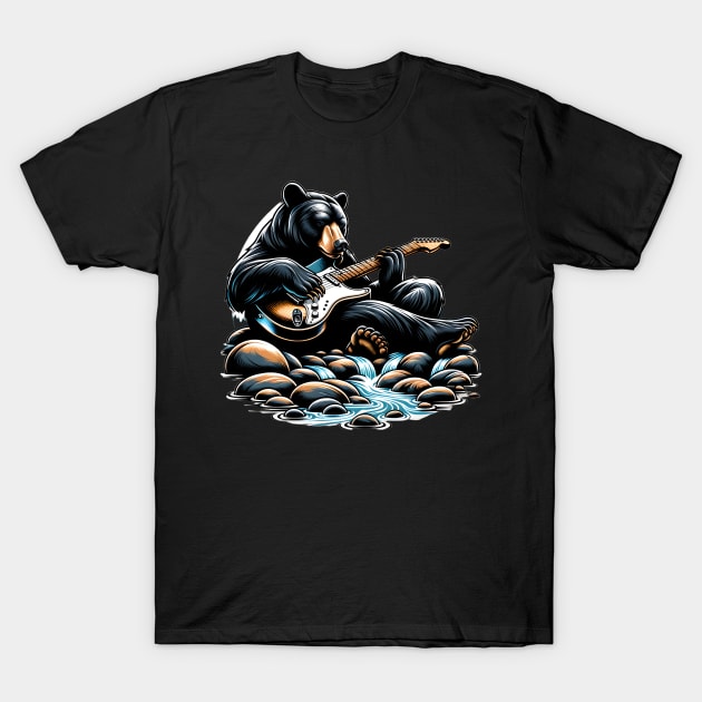 Black Bear Playing Electric Guitar T-Shirt by Merchweaver